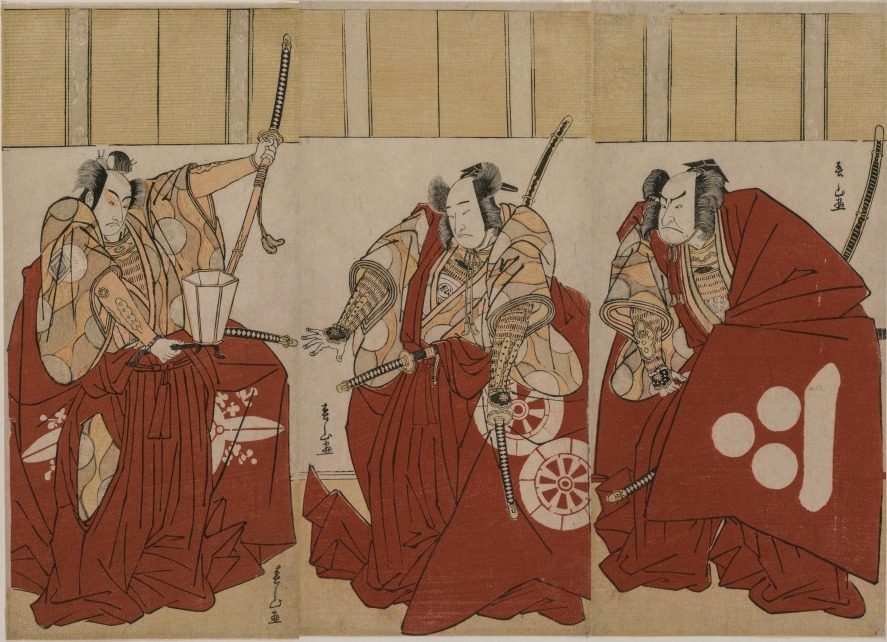 Ichikawa Monnosuke II as Urabe Suetake, Onoe Matsusuke I as Usui Sadamitsu, and Nakamura Nakazo I as Watanabe no Tsuna in “The Four Heavenly Kings Costumed as the Night Watch” by Katsukawa Shunzan (Japanese, active c. 1782–98)