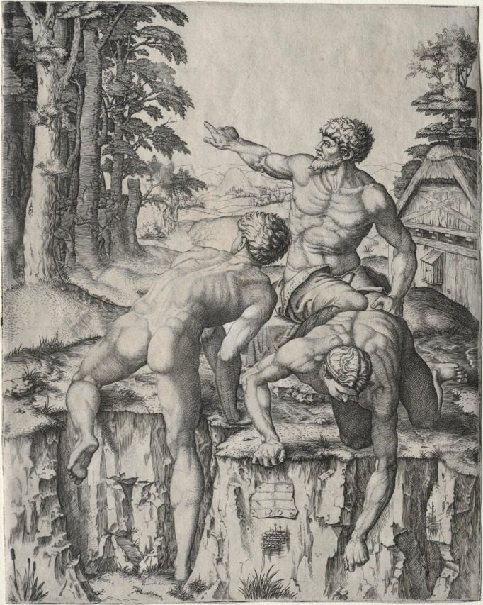 The Climbers (Three Figures from Michelangelo's Battle of Cascina) by Marcantonio Raimondi (Italian, 1470/82–1527/34)