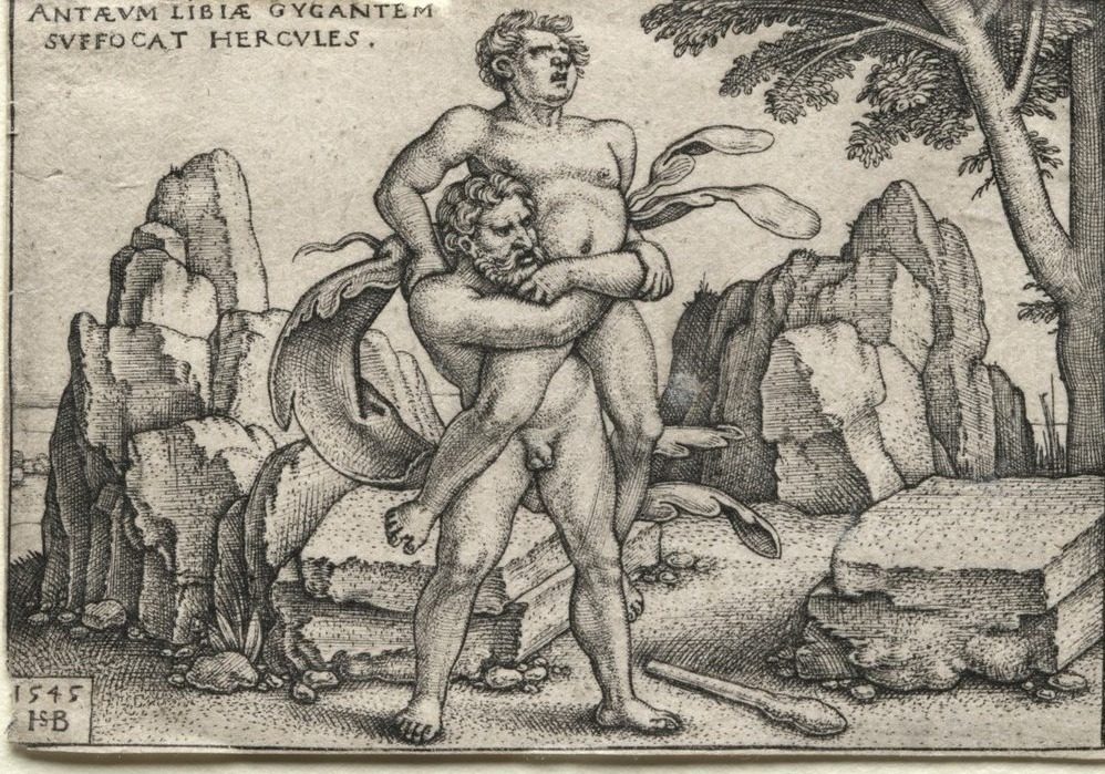 The Labors of Hercules: Hercules Crushing Antaeus by Hans Sebald Beham (German, 1500–1550)