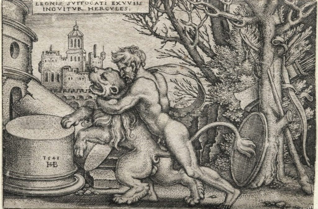 The Labors of Hercules: Hercules Strangling the Nemean Lion by Hans Sebald Beham (German, 1500–1550)