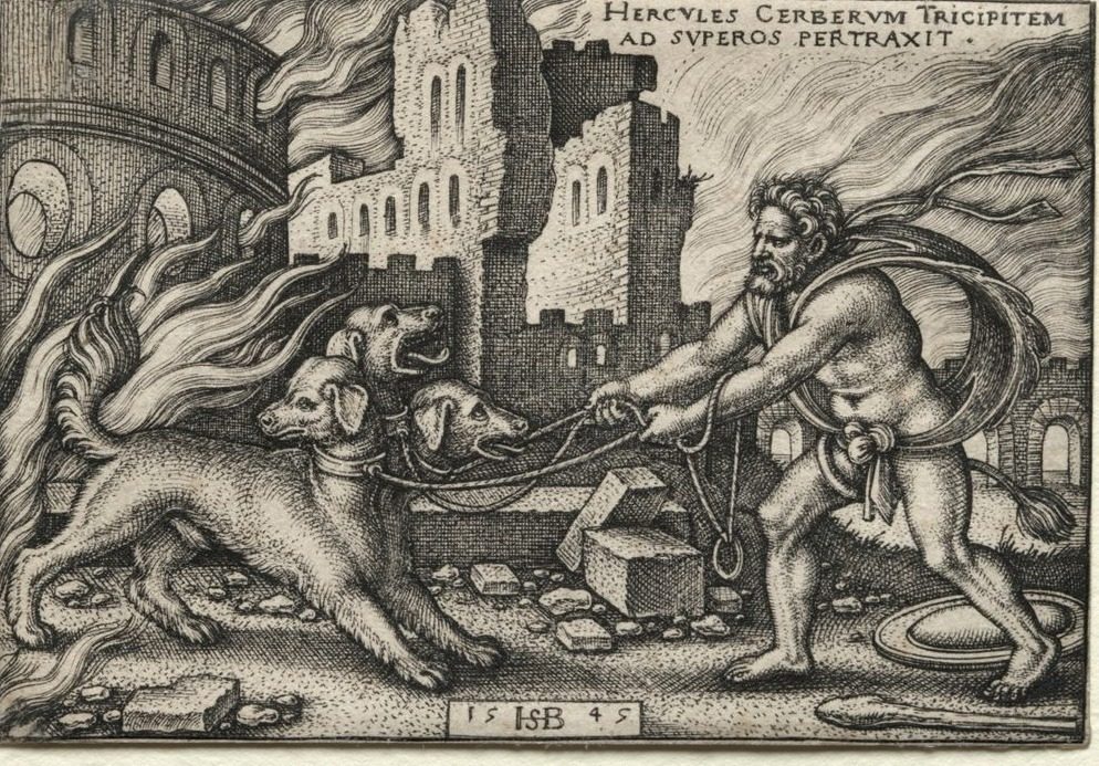 The Labors of Hercules: Hercules Dragging Cerberus from the Underworld by Hans Sebald Beham (German, 1500–1550)