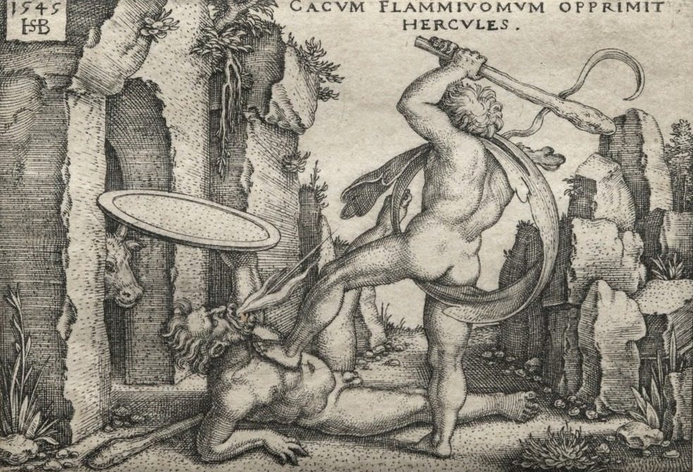 The Labors of Hercules: Hercules Killing the Giant Cacus by Hans Sebald Beham (German, 1500–1550)