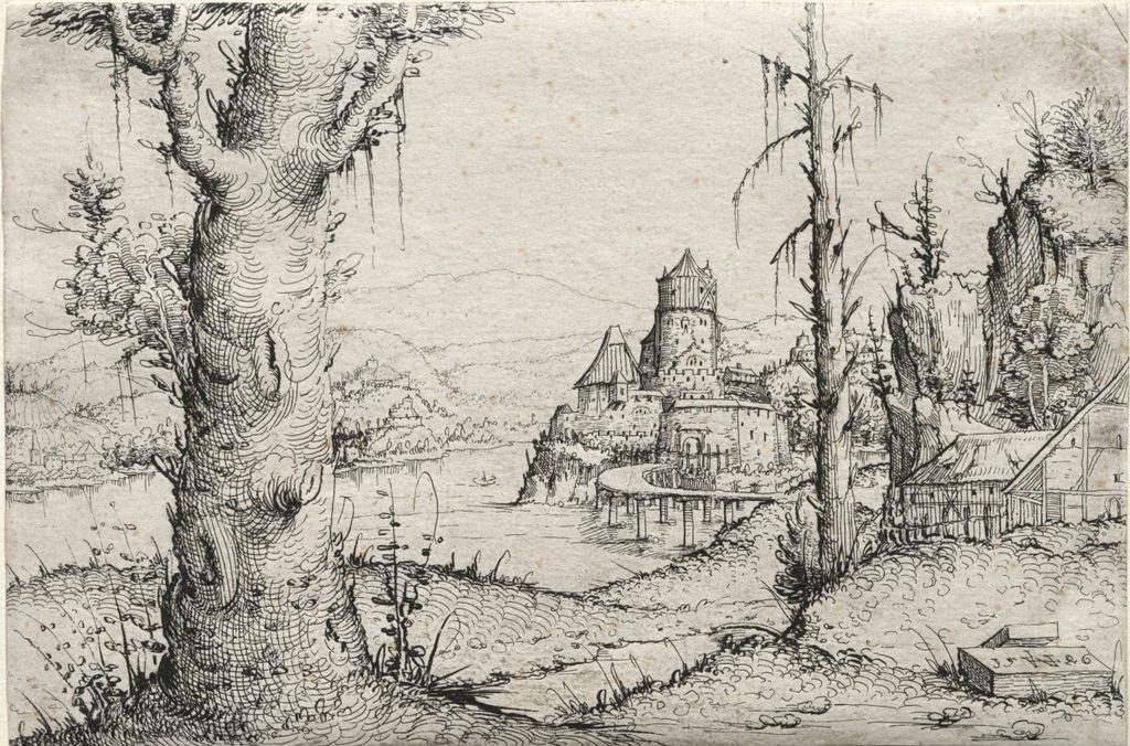 River Landscape with Large Tree at Left by Augustin Hirschvogel (German, 1503–1553)