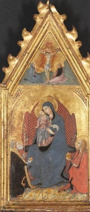 Virgin and Child Adored by Saints Mary Magdalene and Nicolas of Bari;  Christ Crucified with the Virgin and Saint John the Evangelist by Sano di Pietro (Italian, 1406–1481)