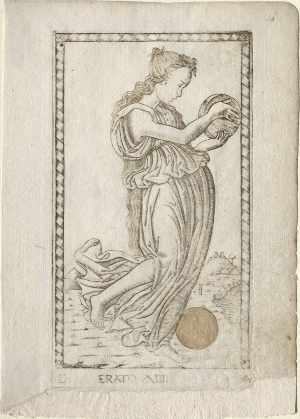 Erato (lyric and love poetry) (from the Tarocchi series D:  Apollo and the Muses, #14) by Master of the E-Series Tarocchi (Italian, active 1460s)