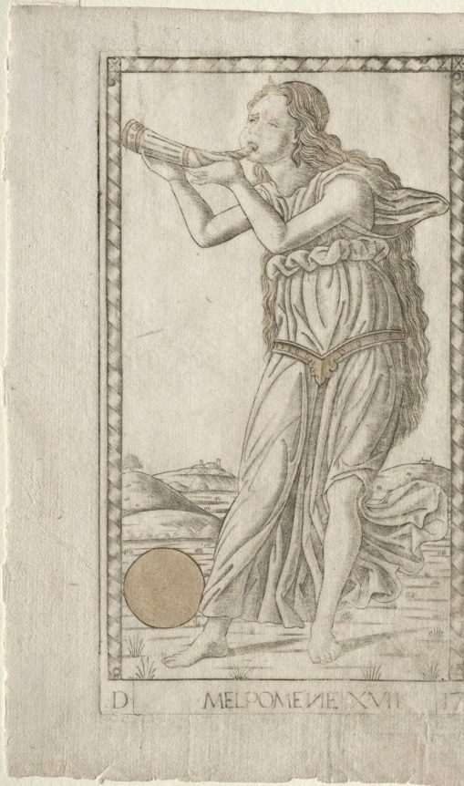 Melpomene (tragedy) (from the Tarocchi series D:  Apollo and the Muses, #17) by Master of the E-Series Tarocchi (Italian, active 1460s)