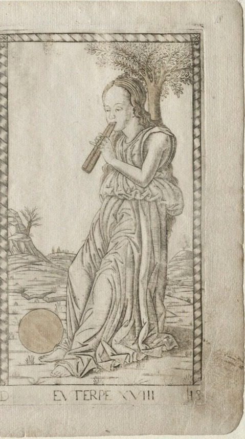 Euterpe (music, lyric poetry) (from the Tarocchi series D:  Apollo and the Muses, #18) by Master of the E-Series Tarocchi (Italian, active 1460s)