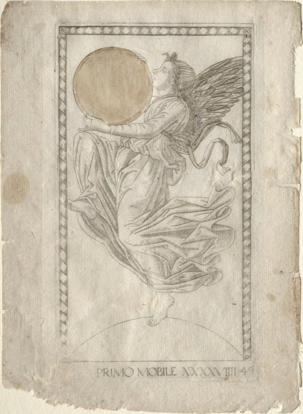 The Angel of the Ninth Sphere (from the Tarocchi, series A:  Firmaments of the Universe, #49) by Master of the E-Series Tarocchi (Italian, active 1460s)