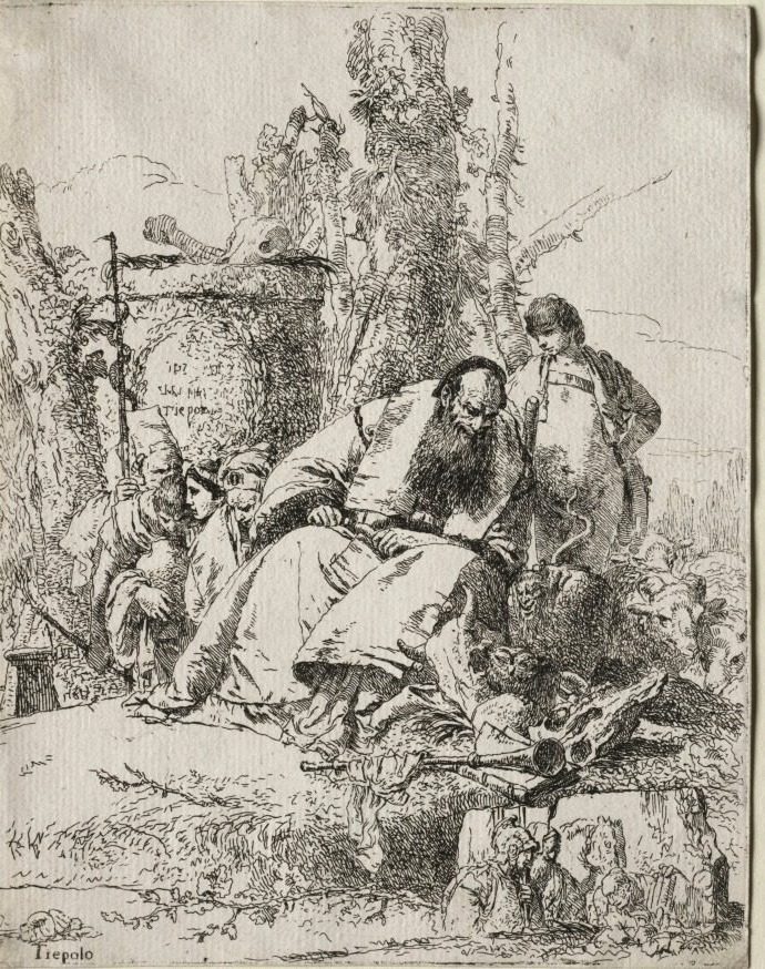 Scherzi di Fantasia:  seated Magician, boy and four figures by Giovanni Battista Tiepolo (Italian, 1696–1770)
