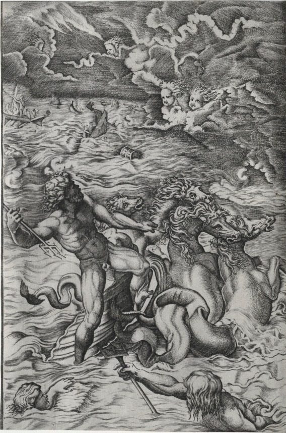 Neptune Calming the Tempest That Aeolus Raised Against Aeneas's Fleet by Marcantonio Raimondi (Italian, 1470/82–1527/34)