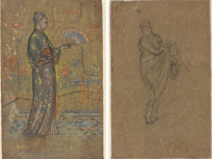 Japanese Woman Painting a Fan (recto); Standing Woman Holding Up Her Dress (verso) by James McNeill Whistler (American, 1834–1903)