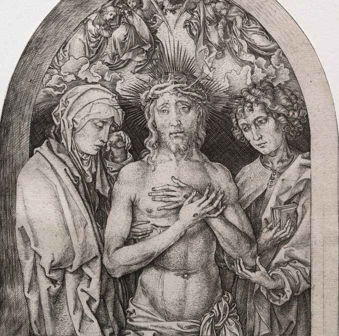Christ as the Man of Sorrows between the Virgin and St. John by Martin Schongauer (German, c. 1450–1491)