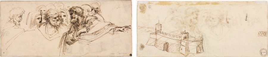 Study of Heads (recto); Crenelated Fortress (verso) by Agostino Carracci (Italian, 1557–1602)