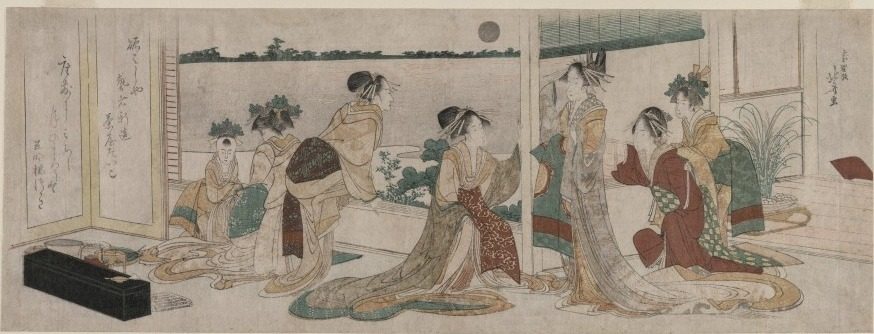 Tsukasa and Other Courtesans of the Ogiya Watching the Autumn Moon Rise Over Rice Fields from a Balcony in the Yoshiwara by Katsushika Hokusai (Japanese, 1760–1849)