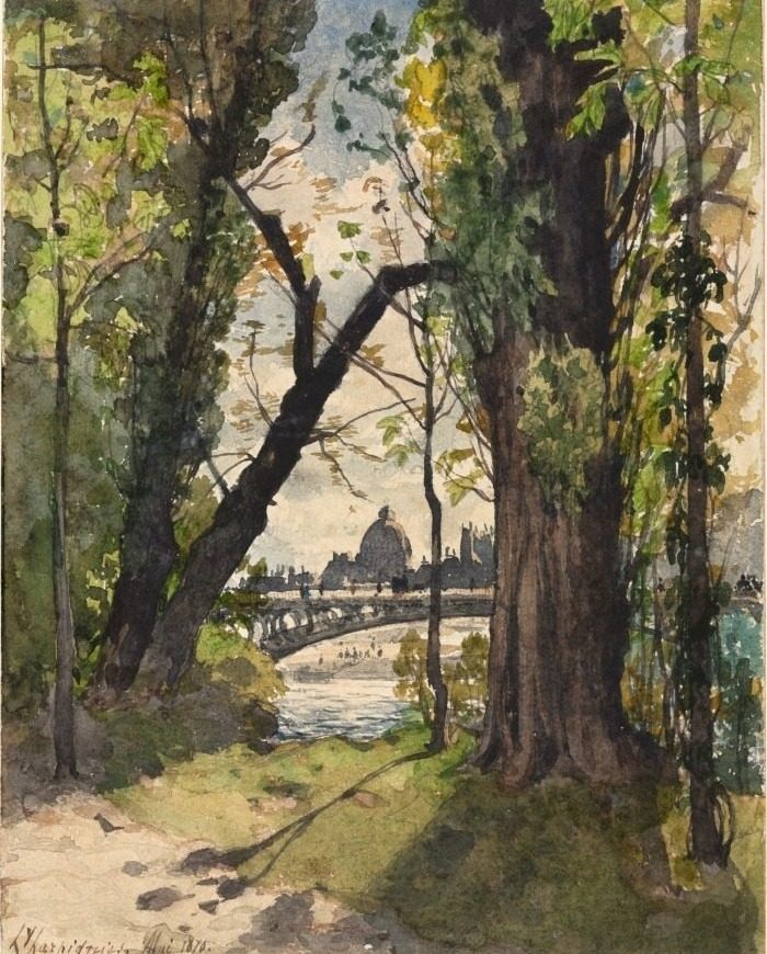 View of the Institut de France from the Foot of the Pont Royal by Henri Joseph Harpignies (French, 1819–1916)