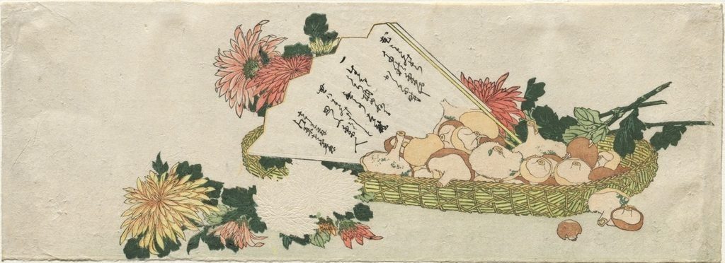 Basket with Fan, Chrysanthemums, and Mushrooms by Katsushika Hokusai (Japanese, 1760–1849)