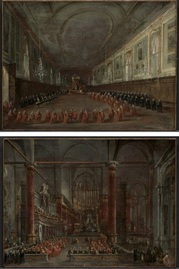 Pope Pius VI Descending the Throne to Take Leave of the Doge in the Hall of SS. Giovanni e Paolo, 1782 and Pontifical Ceremony in SS. Giovanni e Paolo, Venice, 1782 (pair) by Francesco Guardi (Italian, 1712–1793)