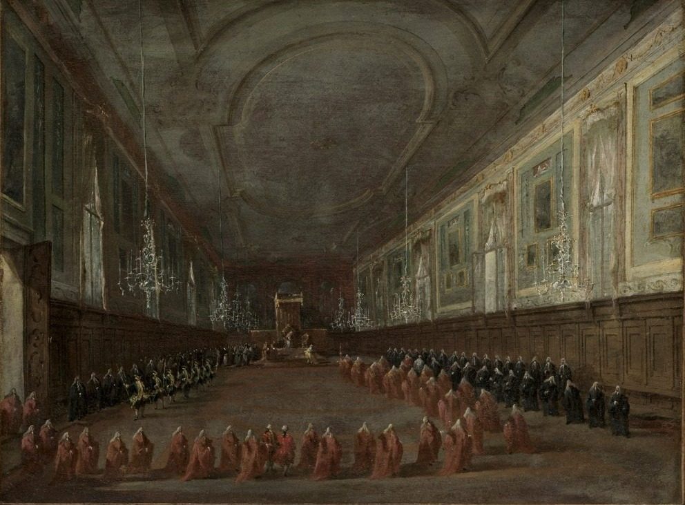 Pope Pius VI Descending the Throne to Take Leave of the Doge in the Hall of SS. Giovanni e Paolo, 1782 by Francesco Guardi (Italian, 1712–1793)