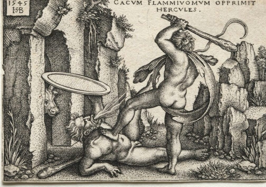 The Labors of Hercules:  Hercules Killing the Giant Cacus by Hans Sebald Beham (German, 1500–1550)
