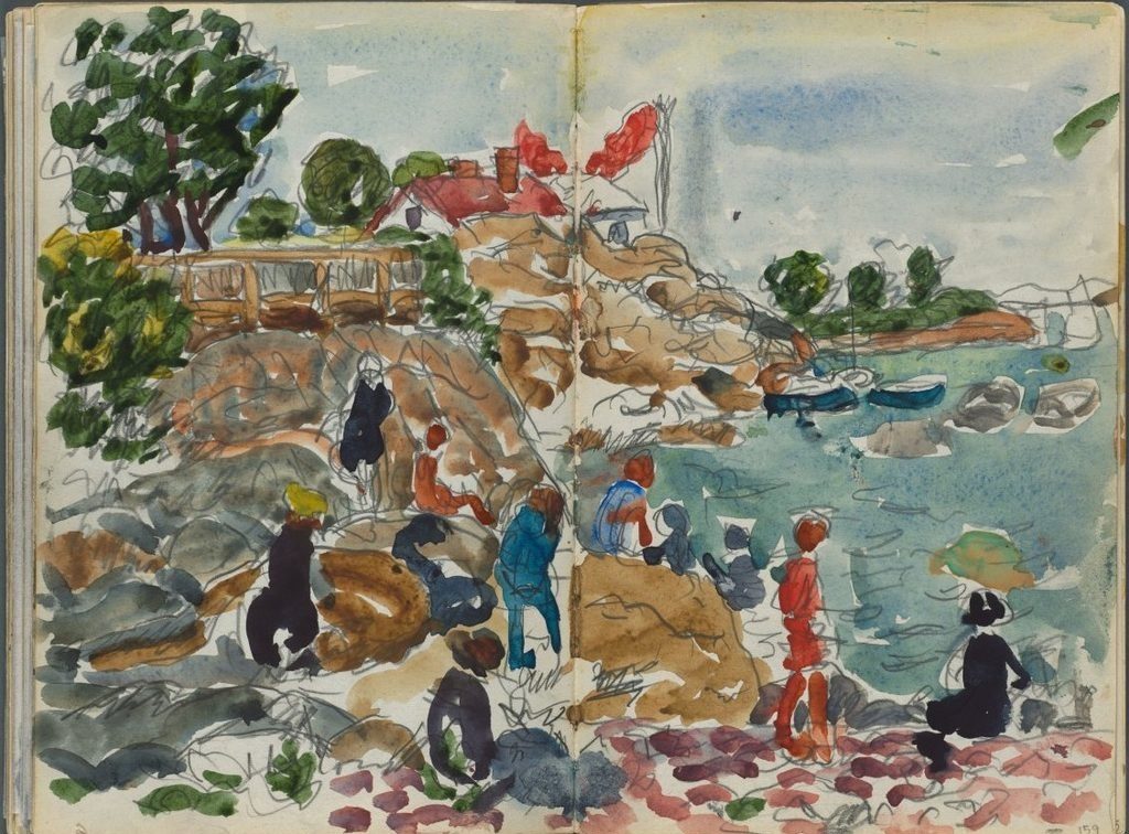 Sketchbook, The Dells, N° 127, page 158 & 159: Coastal Landscape with Figures by Maurice Prendergast (American, born Newfoundland [now Canada], 1858–1924)