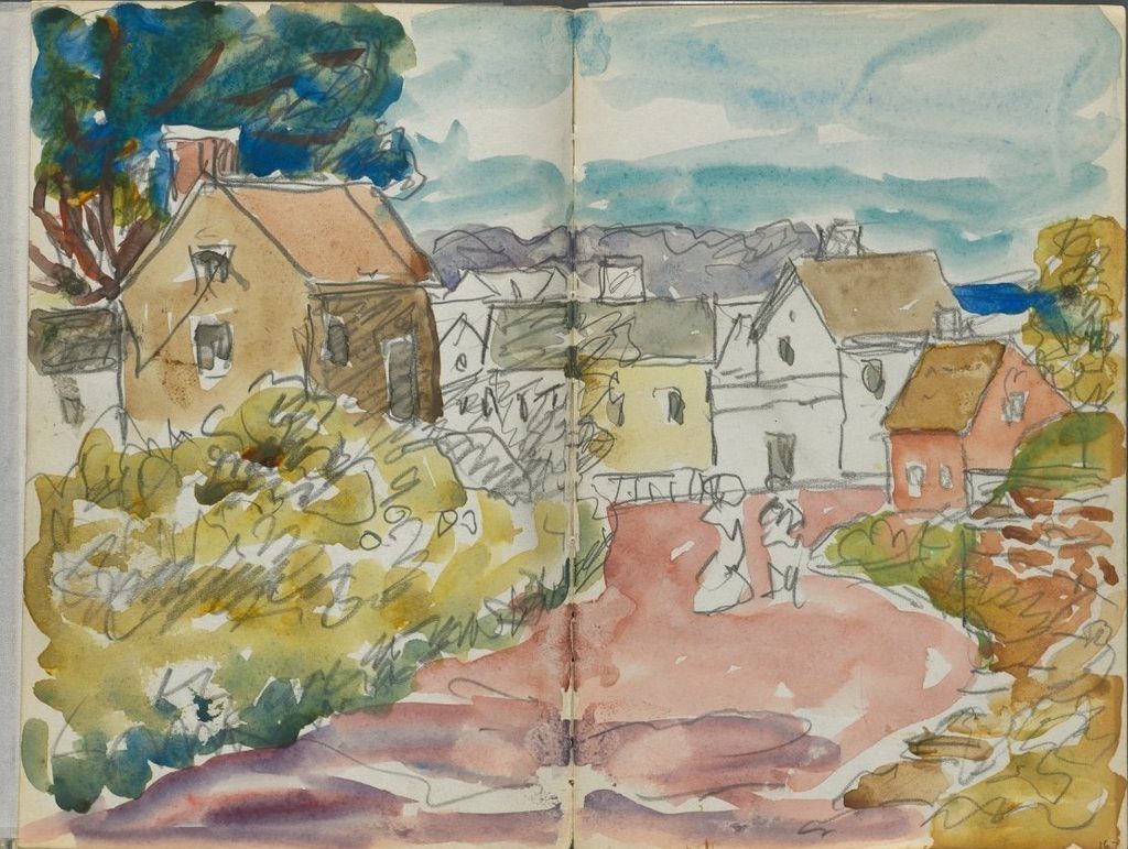 Sketchbook, The Dells, N° 127, page 166 & 167: Village with Houses and road by Maurice Prendergast (American, born Newfoundland [now Canada], 1858–1924)