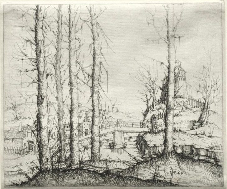 River Landscape with Five Bare Spruce Trees in the Foreground by Augustin Hirschvogel (German, 1503–1553)