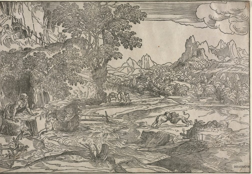 Landscape with Saint Jerome and Two Lions by Domenico Campagnola (Italian, 1500–1564)
