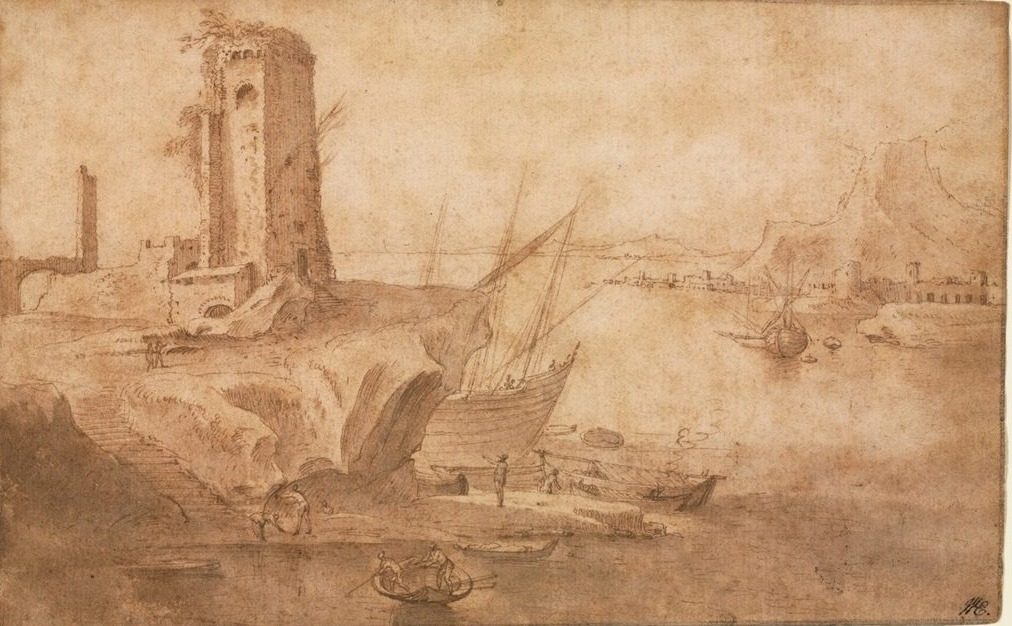 Landscape with Tower at Seashore by Filippo Napoletano (Italian, c. 1587-c. 1629)