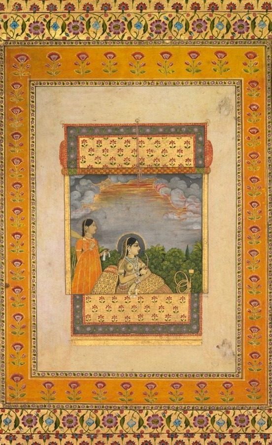 Princess and attendant in trompe l’oeil window by Aqil Khan (Indian, active mid-1700s)