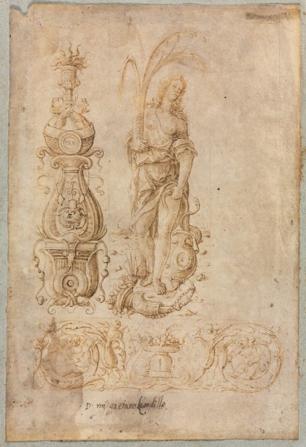 Design for a Candelabrum, Allegorical Figure of Abundance, Ornamental Relief Design by Bernardo Parentino (Italian)