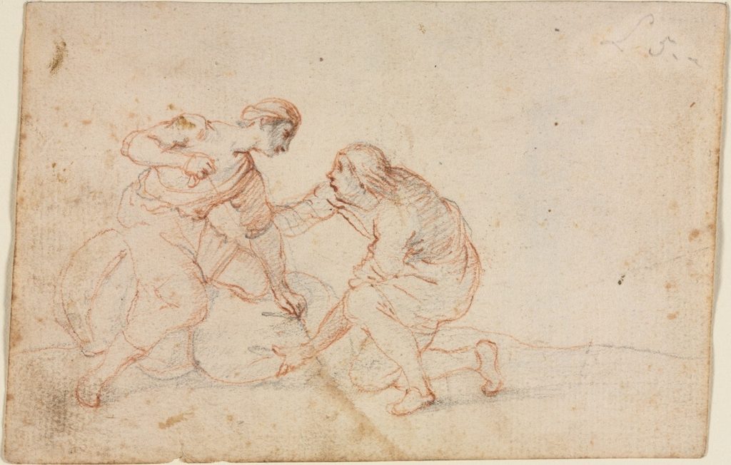 Two Men Tying a Bundle (recto) by Anonymous