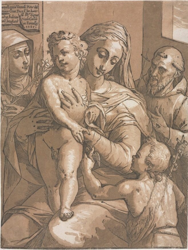 Virgin and Child with St. John, St. Catherine of Siena and St. Francis by Andrea Andreani (Italian, about 1558–1610)