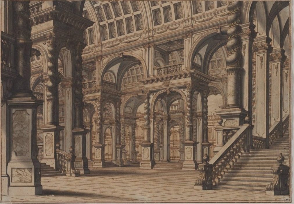 Monumental Vaulted Hall with Staircase by Giuseppe Galli Bibiena (Italian, 1696–1757)