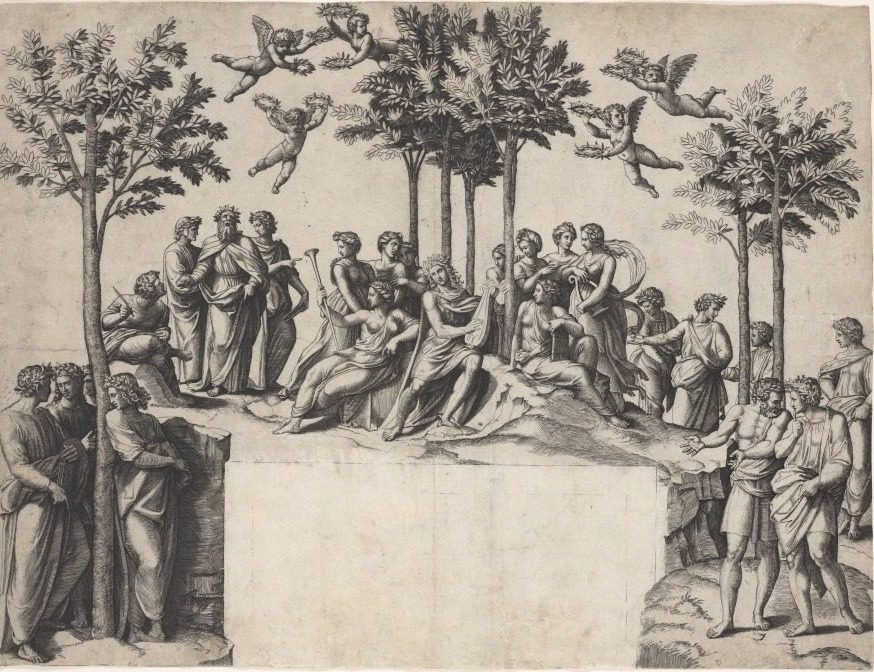 Apollo on Parnassus by Marcantonio Raimondi (Italian, 1470/82–1527/34)