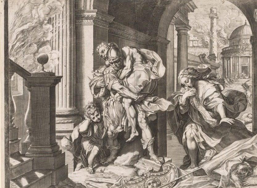 Aeneas and His Family Fleeing Troy by Agostino Carracci (Italian, 1557–1602)