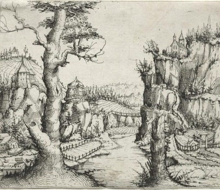 River Landscape with Rocks at Left and Right by Augustin Hirschvogel (German, 1503–1553)