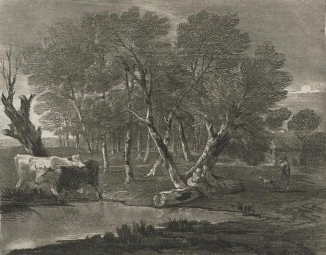 Wooded Landscape with Cows beside a Pool, Figures and Cottage by Thomas Gainsborough (British, 1727–1788)
