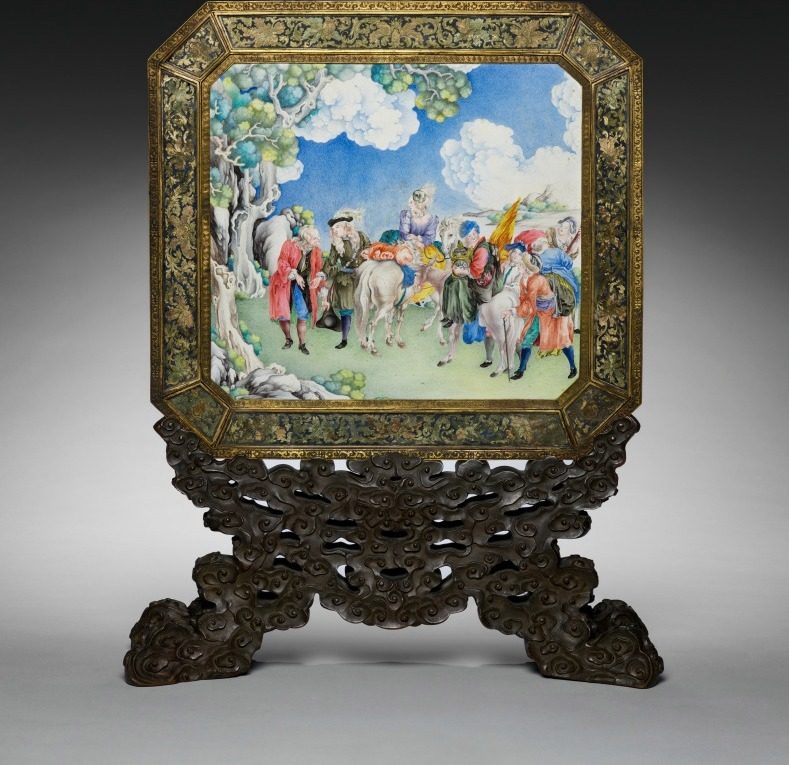 Screen with European Figures (obverse) and Landscape (reverse) with Stand