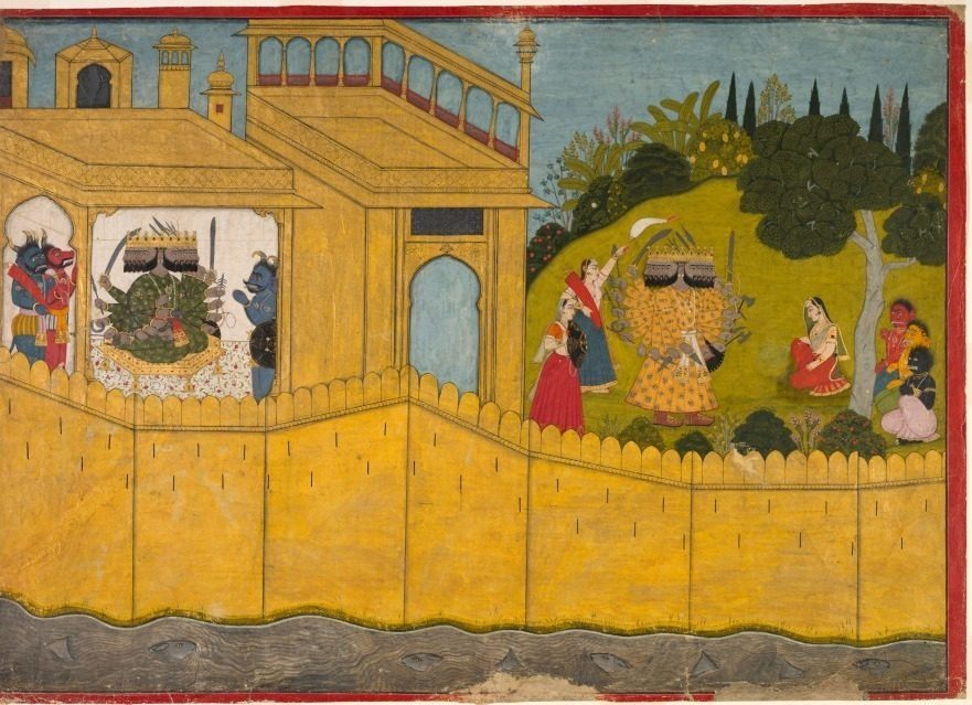 Ravana addresses Sita in the garden of Lanka, from Chapters 53 and 54 of the Aranya Kanda (Book of the Forest) of a Ramayana (Rama’s Journey)