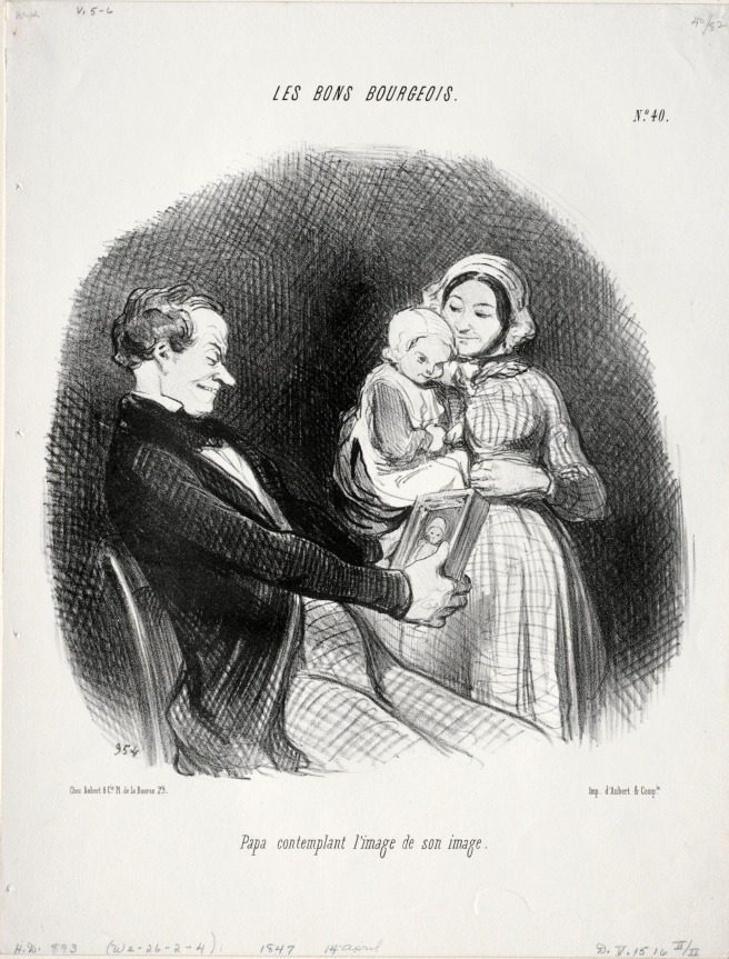 Papa contemplates a likeness of his likeness by Honoré Daumier (French, 1808–1879)