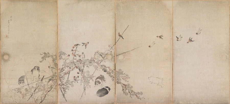 Puppies, Sparrows, and Chrysanthemums by Nagasawa Rosetsu (Japanese, 1754–1799)