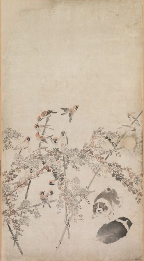 Puppies, Sparrows, and Chrysanthemums by Nagasawa Rosetsu (Japanese, 1754–1799)