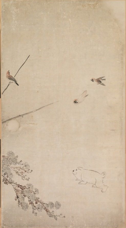 Puppies, Sparrows, and Chrysanthemums by Nagasawa Rosetsu (Japanese, 1754–1799)