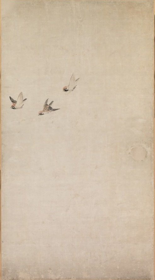 Puppies, Sparrows, and Chrysanthemums by Nagasawa Rosetsu (Japanese, 1754–1799)