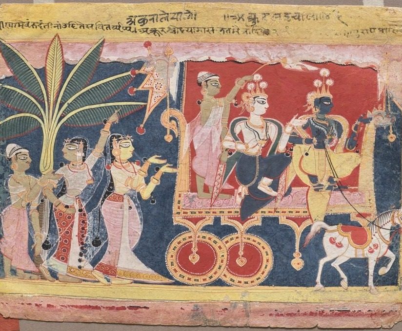 Akrura Drives Krishna and Balarama to Mathura, from the “Isarda Bhagavata Purana”