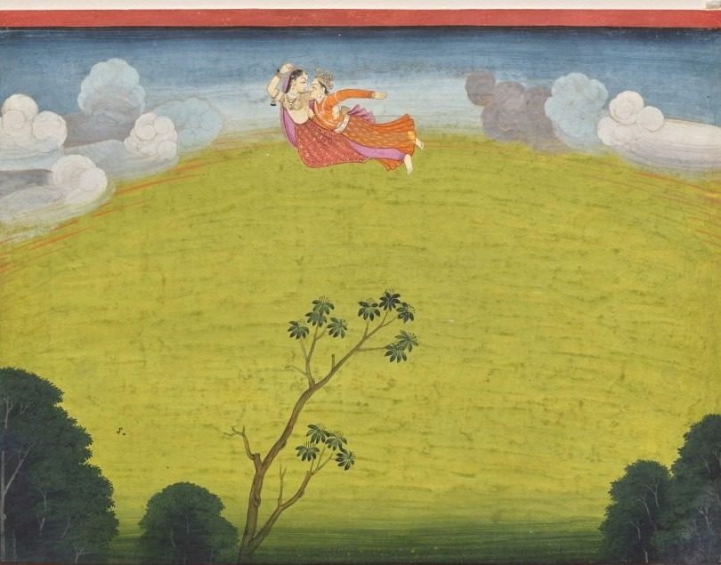 Pradyumna and Mayavati Fly to Dvaraka, from the Large Basohli Bhagavata Purana