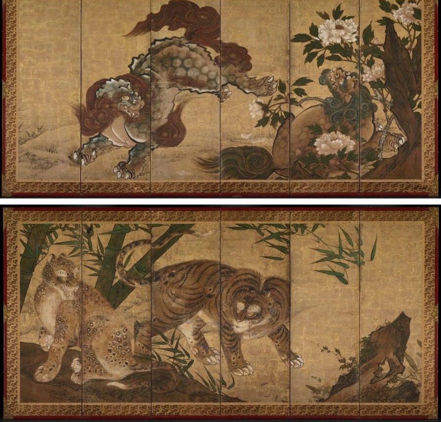 Lions and Tigers in Peony and Bamboo by Yamaguchi Sekkei (Japanese, 1644–1732)