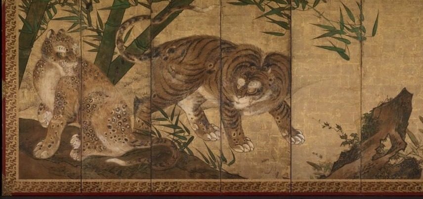 Lions and Tigers in Peony and Bamboo by Yamaguchi Sekkei (Japanese, 1644–1732)