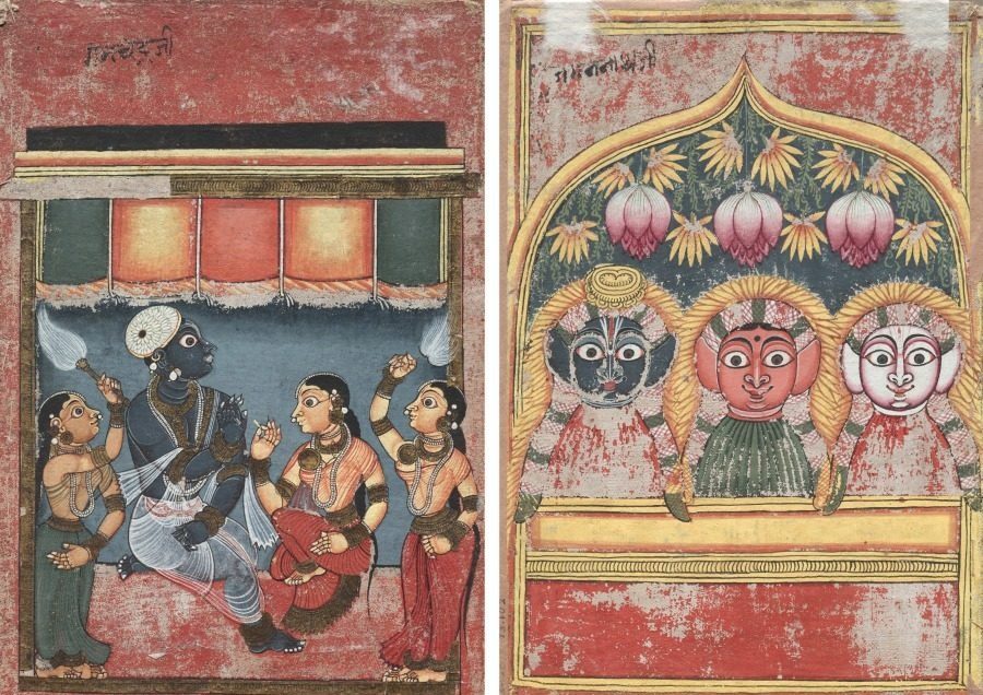 Krishna with Radha and Two Attendants (recto); Jagannath, Subhadra and Balarama in an Arch (verso)