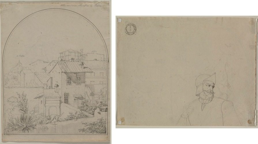 View from My Window in Rome (recto) Soldier in a Landscape (verso) by Carl Ludwig Tischbein (German, 1797–1855)